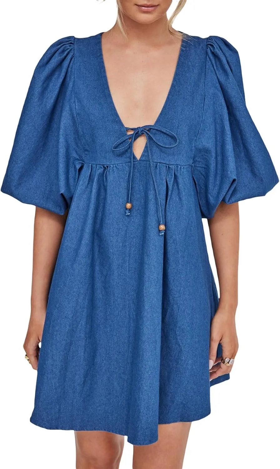 Faretumiya Women Denim Mini Dress Flowy Puff Short Sleeve Babydoll Y2k Ruffle Bow Tie Going Out Short Party Jean Dress