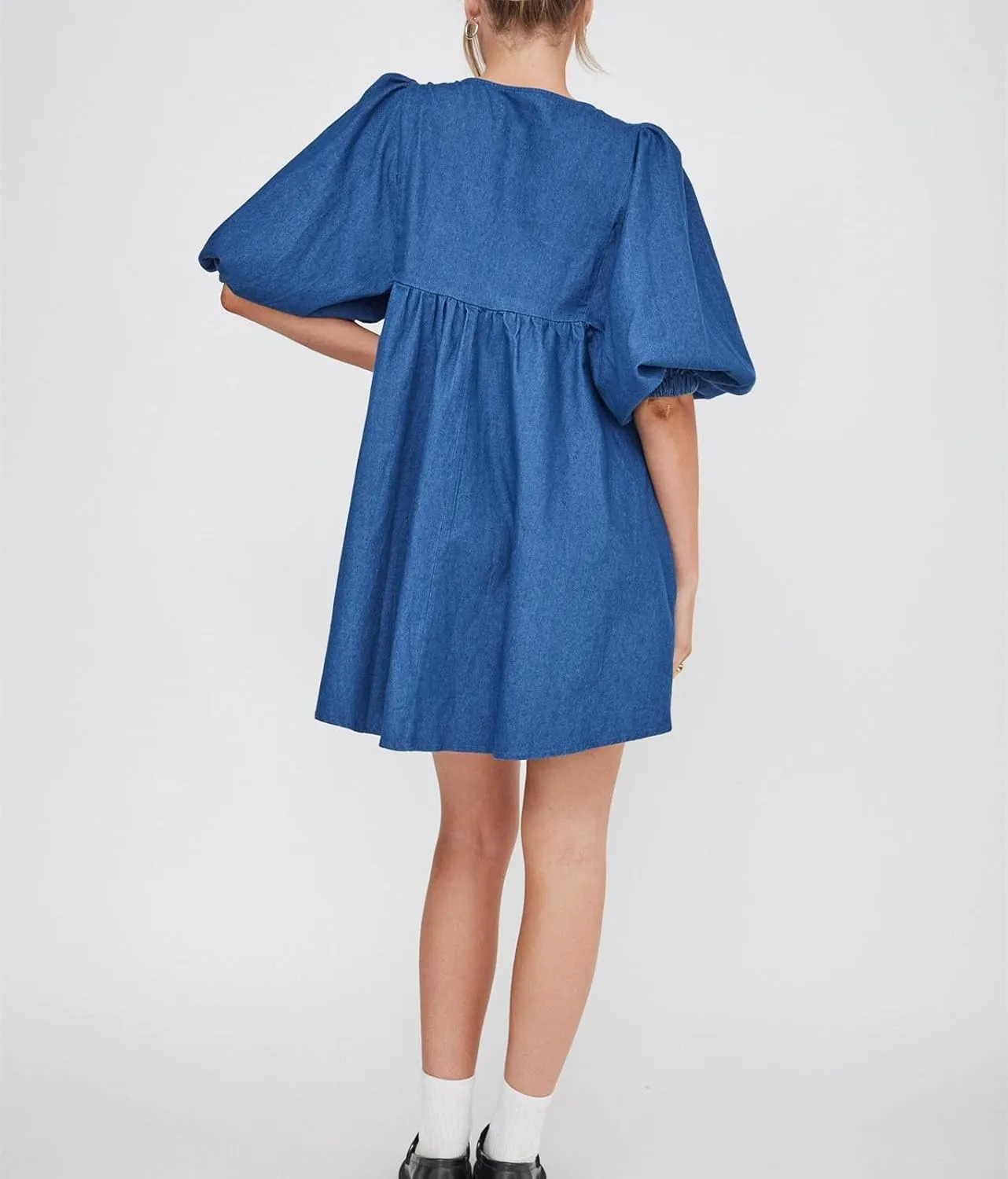 Faretumiya Women Denim Mini Dress Flowy Puff Short Sleeve Babydoll Y2k Ruffle Bow Tie Going Out Short Party Jean Dress
