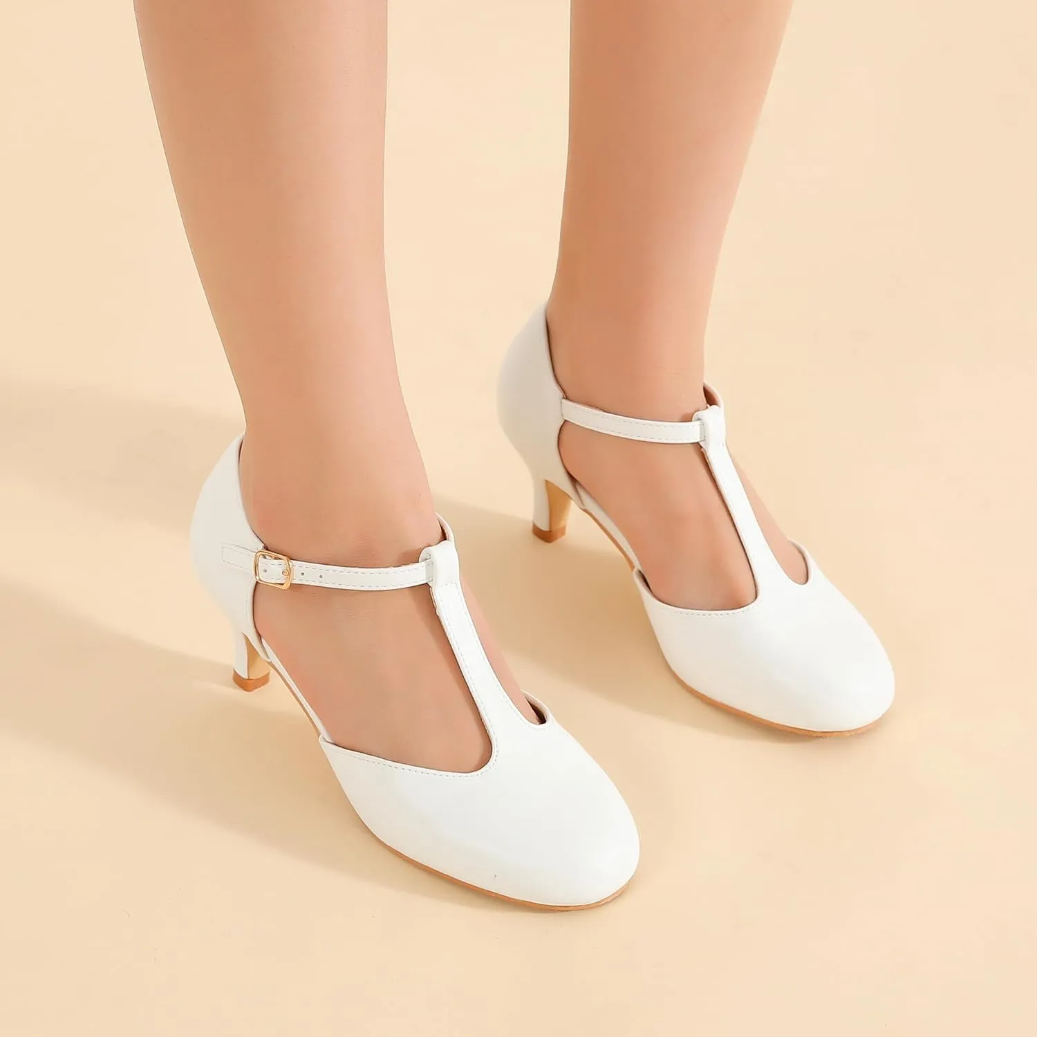 fereshte Women's T Strap Pumps Kitten Heels Retro Ankle Strap Buckle Dress Mary Jane Shoes