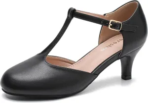 fereshte Women's T Strap Pumps Kitten Heels Retro Ankle Strap Buckle Dress Mary Jane Shoes