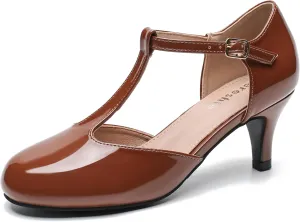 fereshte Women's T Strap Pumps Kitten Heels Retro Ankle Strap Buckle Dress Mary Jane Shoes