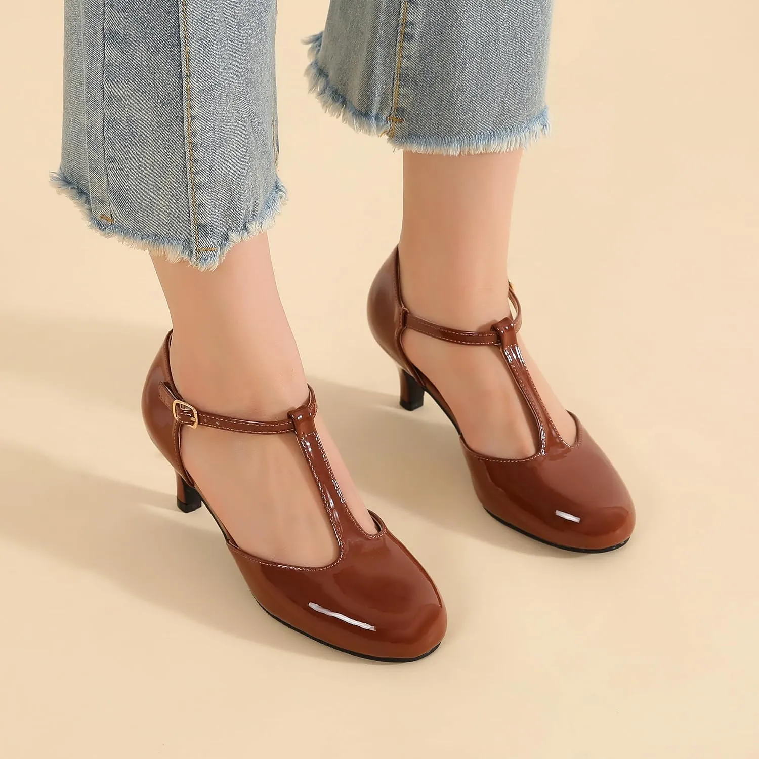 fereshte Women's T Strap Pumps Kitten Heels Retro Ankle Strap Buckle Dress Mary Jane Shoes
