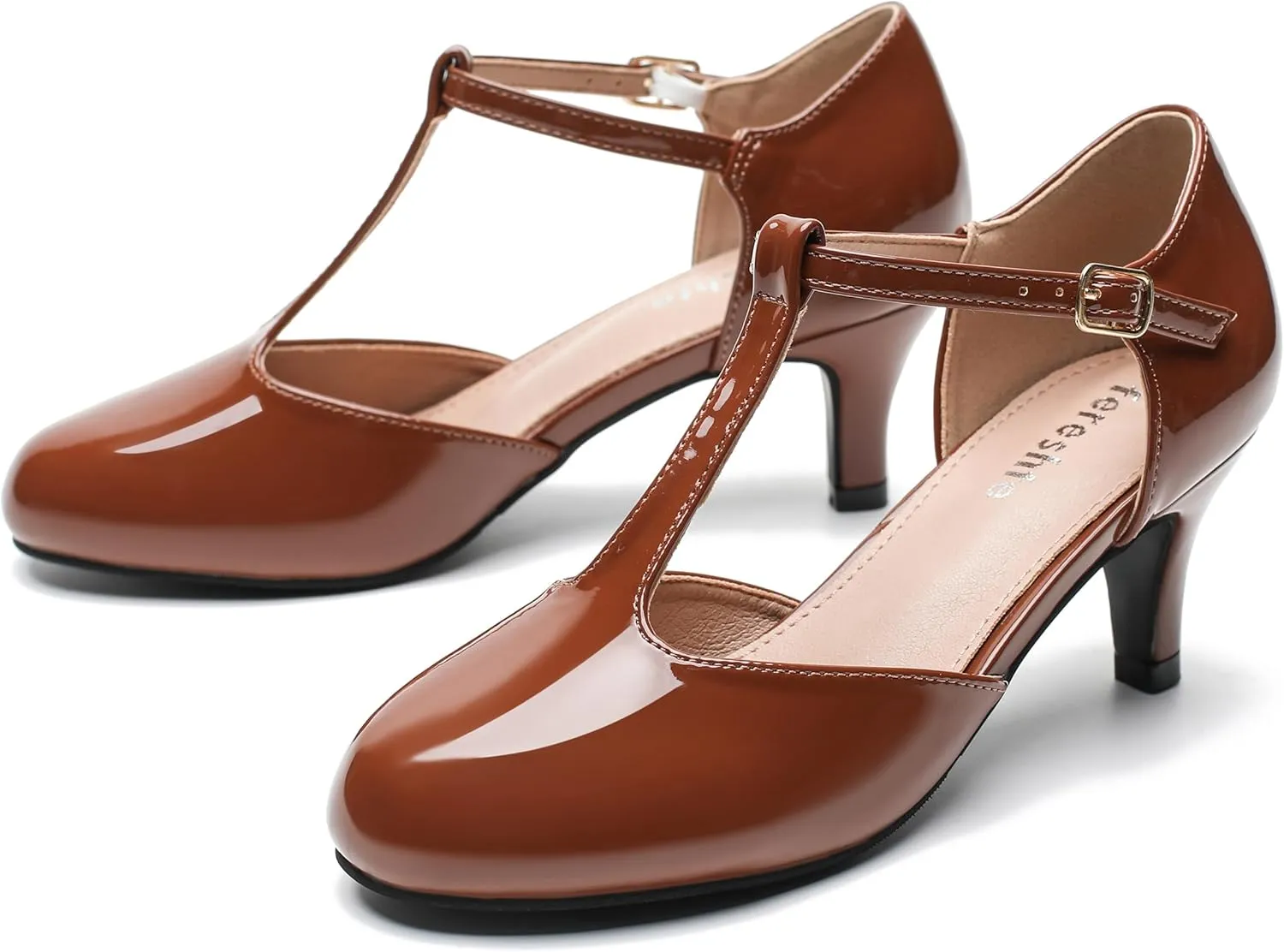 fereshte Women's T Strap Pumps Kitten Heels Retro Ankle Strap Buckle Dress Mary Jane Shoes