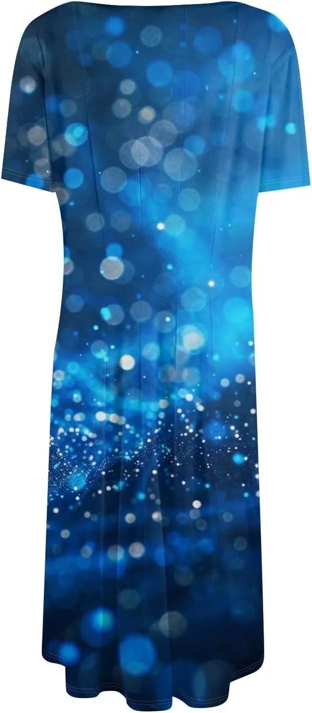 Floral Dress for Women Short Sleeve Summer A Line Dresses Smocked Casual Dresses Crew Neck Midi Dress with Pockets