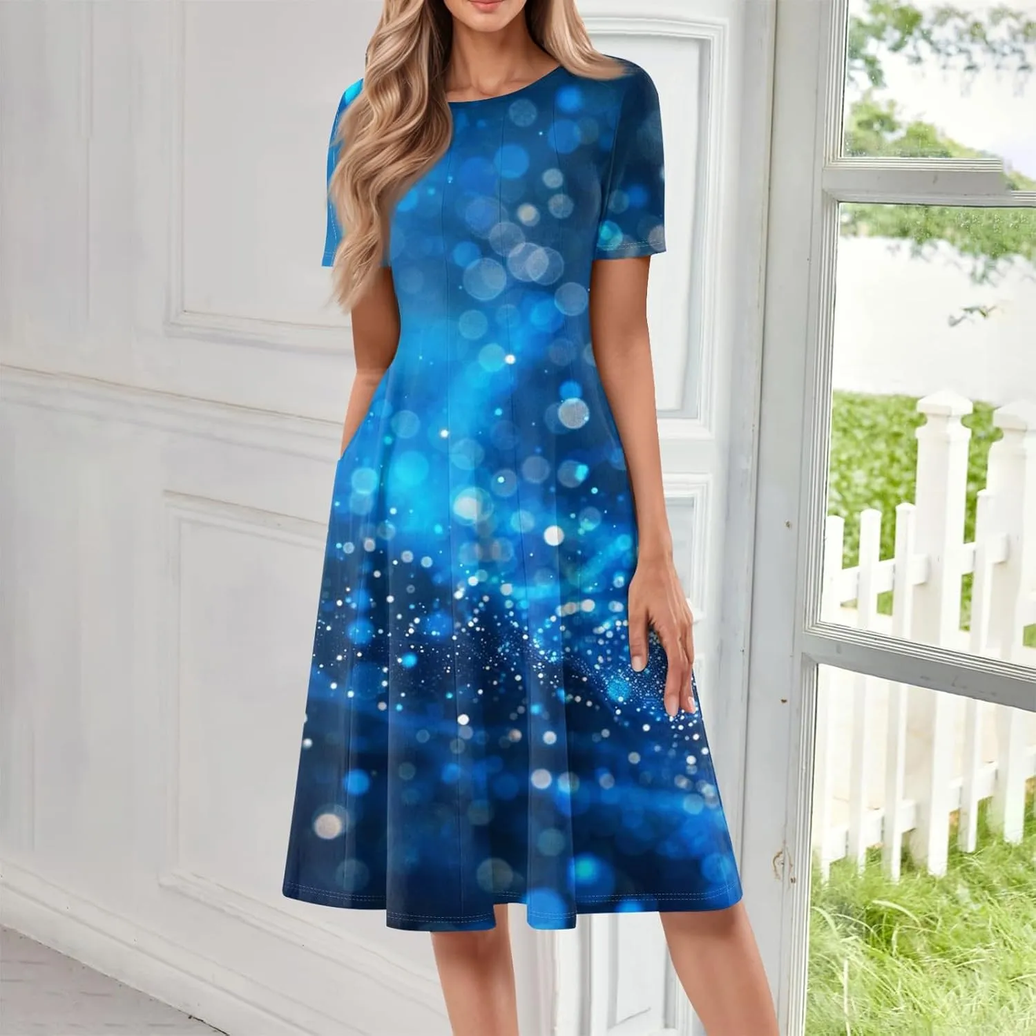 Floral Dress for Women Short Sleeve Summer A Line Dresses Smocked Casual Dresses Crew Neck Midi Dress with Pockets