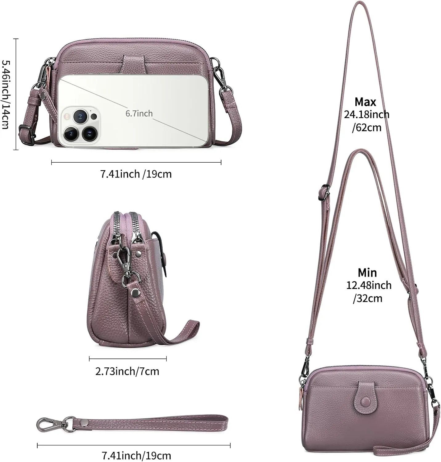 GAEKEAO Crossbody Bags for Women Small Genuine Leather Shoulder Purse Cross Body Bag with Wristlet Top Zipper