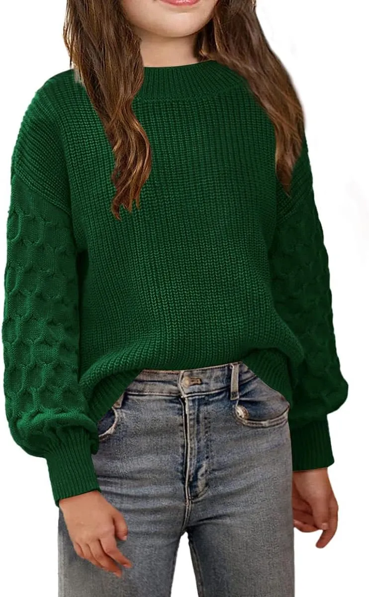 Girls Crewneck Sweaters Casual Long Sleeve Drop Shoulder Pullover Sweaters Fall Oversized Cable Knit Tops