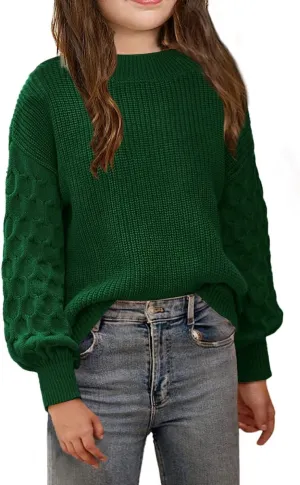 Girls Crewneck Sweaters Casual Long Sleeve Drop Shoulder Pullover Sweaters Fall Oversized Cable Knit Tops