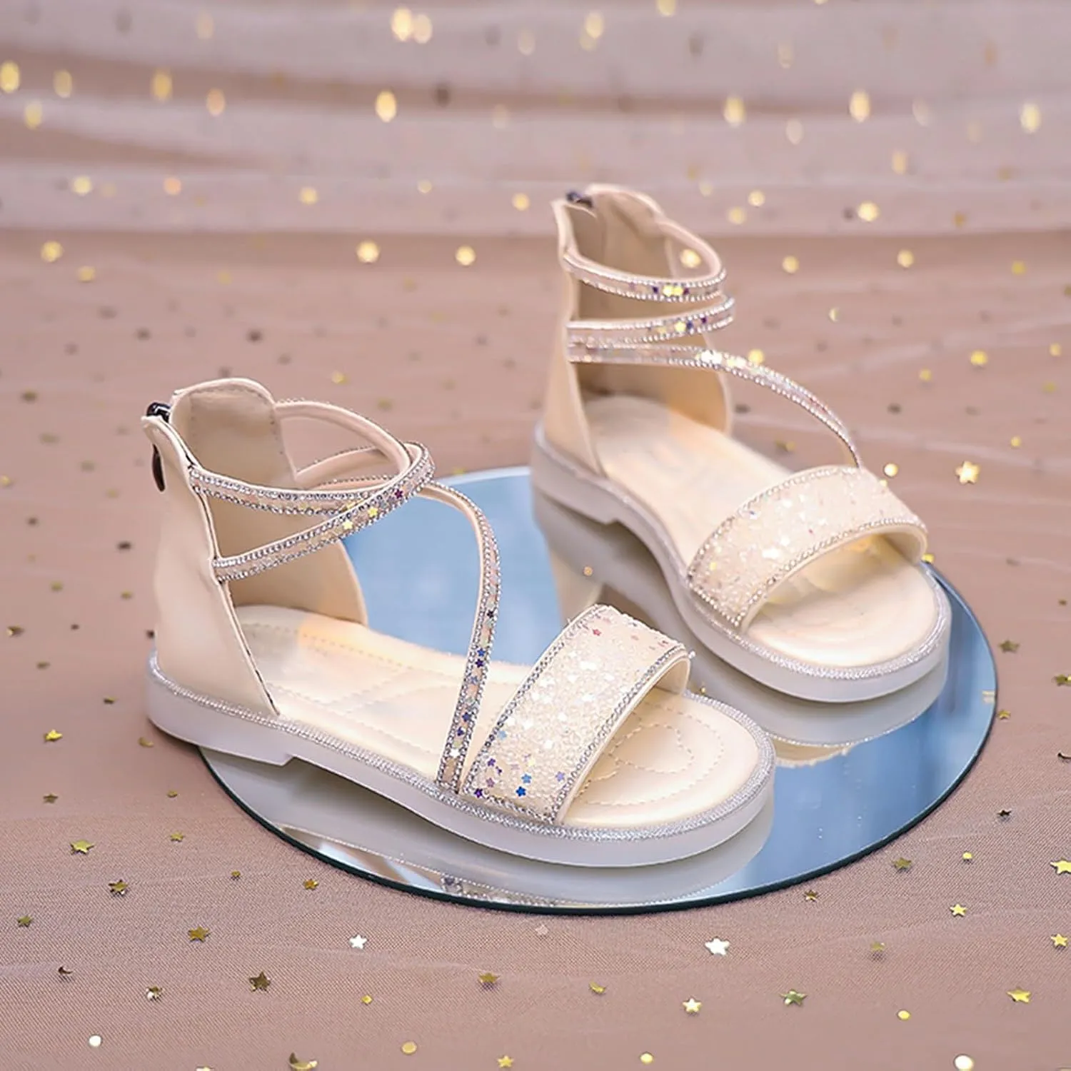 Girls ladiator Sandals Cute Strappy Sparkly Lightweight Princess Sandals with Zipper Kids Summer Beach Roman Shoes