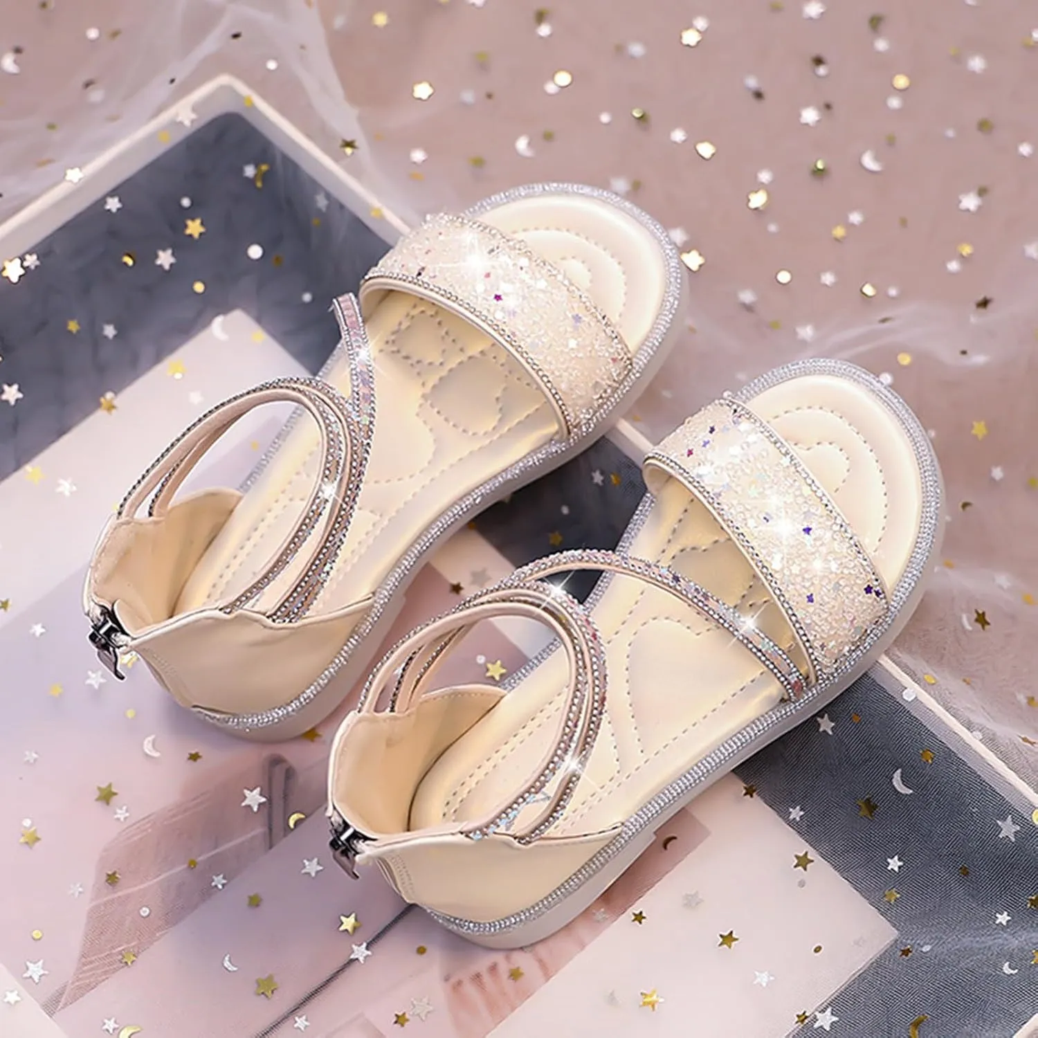 Girls ladiator Sandals Cute Strappy Sparkly Lightweight Princess Sandals with Zipper Kids Summer Beach Roman Shoes
