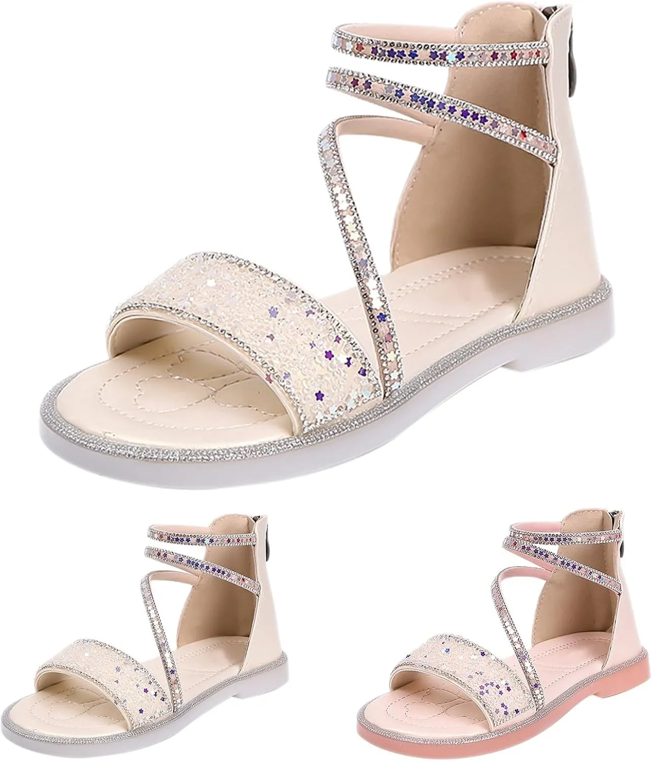 Girls ladiator Sandals Cute Strappy Sparkly Lightweight Princess Sandals with Zipper Kids Summer Beach Roman Shoes