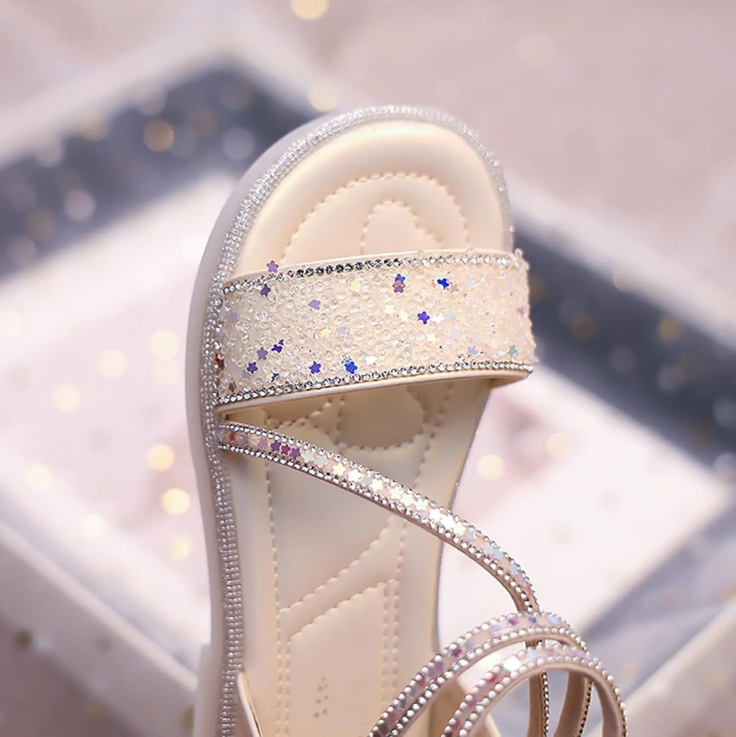 Girls ladiator Sandals Cute Strappy Sparkly Lightweight Princess Sandals with Zipper Kids Summer Beach Roman Shoes