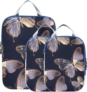 Gold Butterfly Blue Butterflies Compression Packing Cubes for Travel Packing Organizers Backpack 3 Pack Luggage Travel Essentials Carry Must Haves Waterproof Suitcase Storage Bags