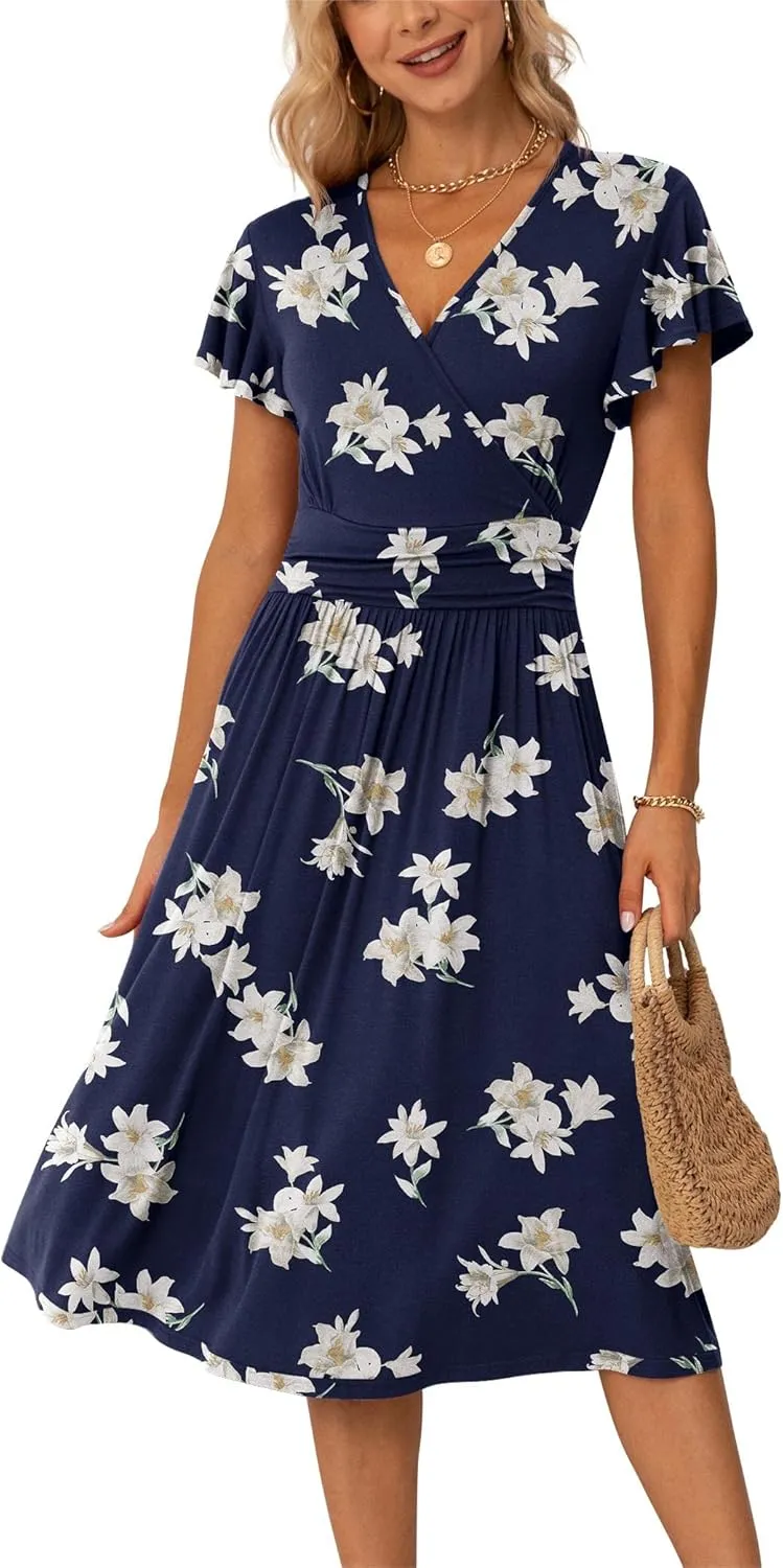 GRECERELLE Spring Summer Dress for Women Casual Ruffle Short Sleeve Wrap V-Neck Dress