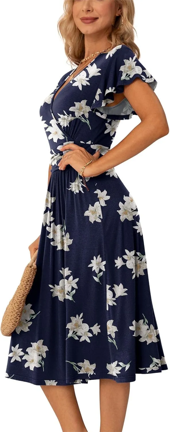 GRECERELLE Spring Summer Dress for Women Casual Ruffle Short Sleeve Wrap V-Neck Dress