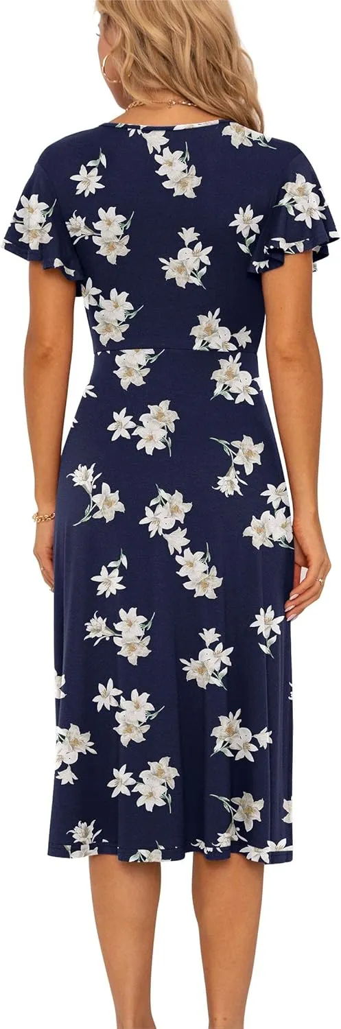GRECERELLE Spring Summer Dress for Women Casual Ruffle Short Sleeve Wrap V-Neck Dress
