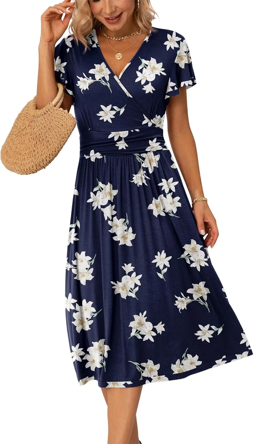 GRECERELLE Spring Summer Dress for Women Casual Ruffle Short Sleeve Wrap V-Neck Dress