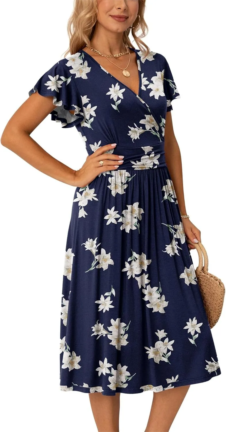 GRECERELLE Spring Summer Dress for Women Casual Ruffle Short Sleeve Wrap V-Neck Dress