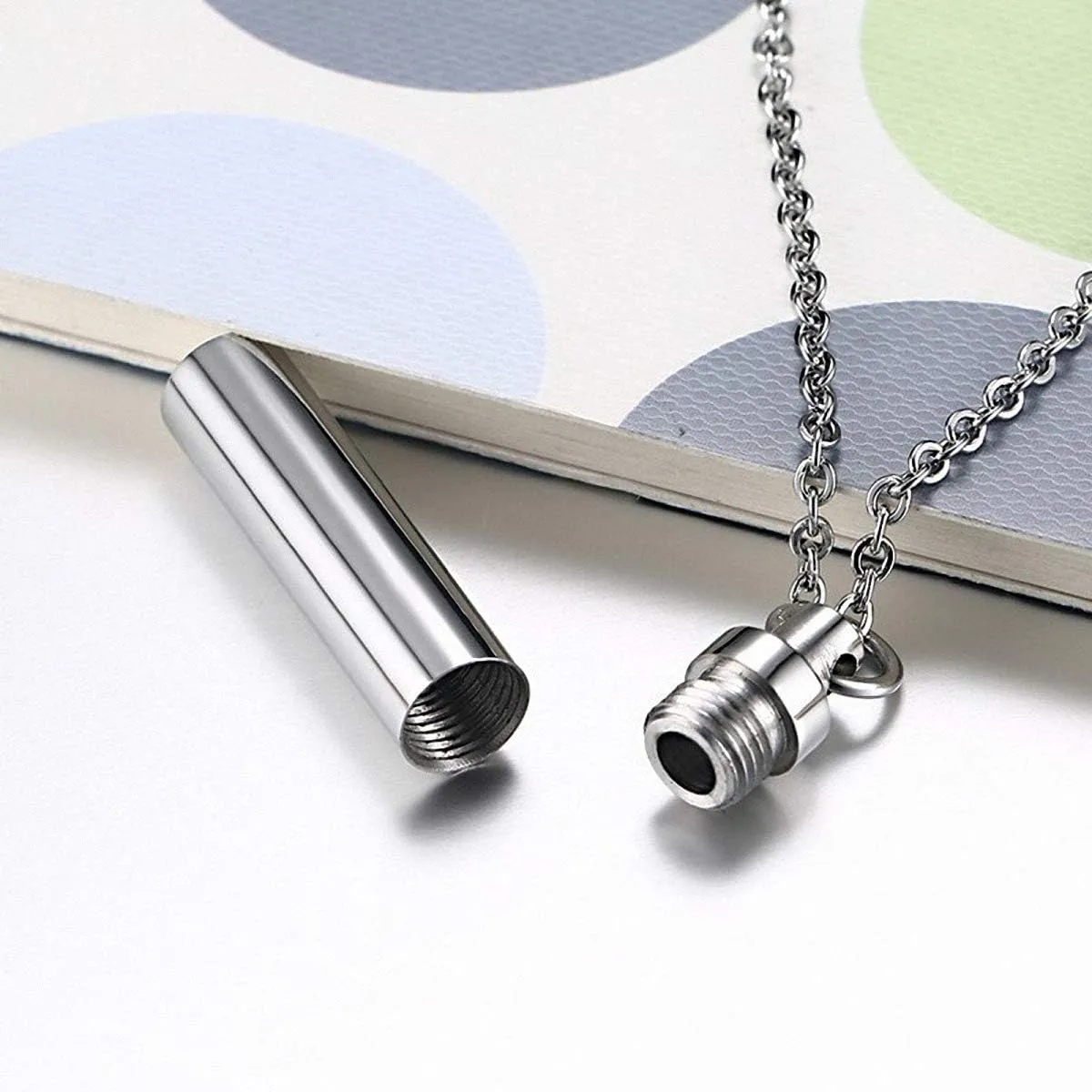 Hafrita Men Capsule Pendant Necklace Silver Open Cylindrical Pendants Stainless Steel Remembrance Pill Filler Kit