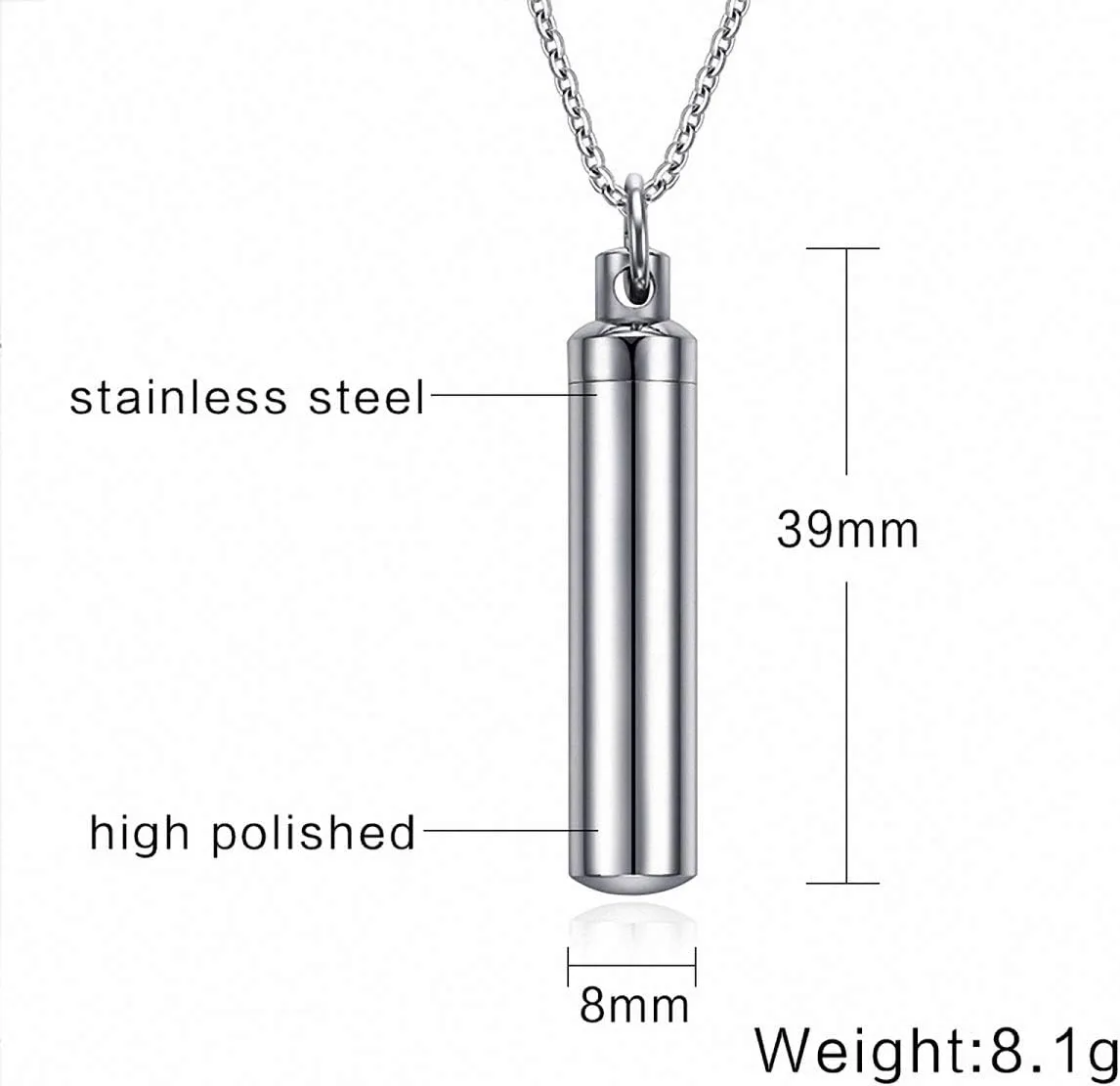 Hafrita Men Capsule Pendant Necklace Silver Open Cylindrical Pendants Stainless Steel Remembrance Pill Filler Kit