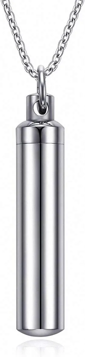 Hafrita Men Capsule Pendant Necklace Silver Open Cylindrical Pendants Stainless Steel Remembrance Pill Filler Kit