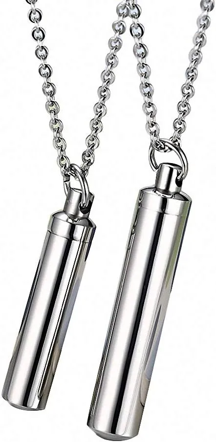 Hafrita Men Capsule Pendant Necklace Silver Open Cylindrical Pendants Stainless Steel Remembrance Pill Filler Kit