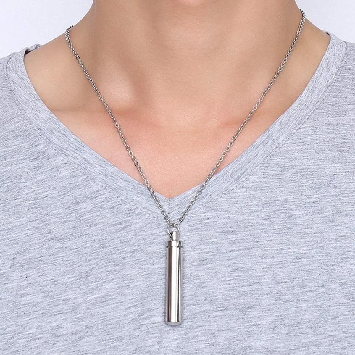 Hafrita Men Capsule Pendant Necklace Silver Open Cylindrical Pendants Stainless Steel Remembrance Pill Filler Kit
