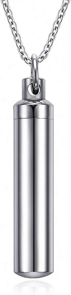 Hafrita Men Capsule Pendant Necklace Silver Open Cylindrical Pendants Stainless Steel Remembrance Pill Filler Kit