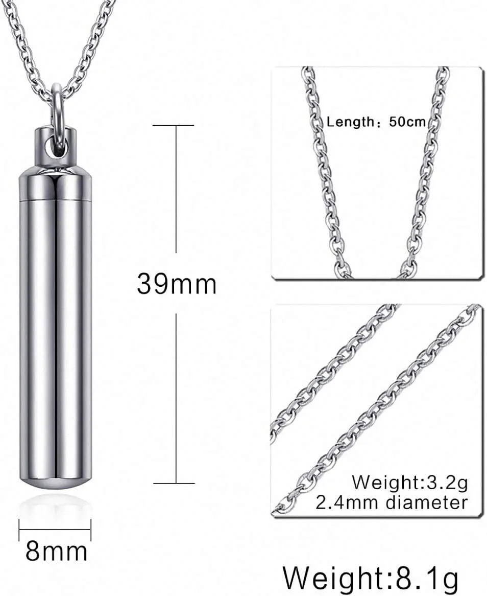Hafrita Men Capsule Pendant Necklace Silver Open Cylindrical Pendants Stainless Steel Remembrance Pill Filler Kit