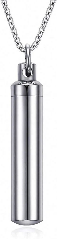 Hafrita Men Capsule Pendant Necklace Silver Open Cylindrical Pendants Stainless Steel Remembrance Pill Filler Kit