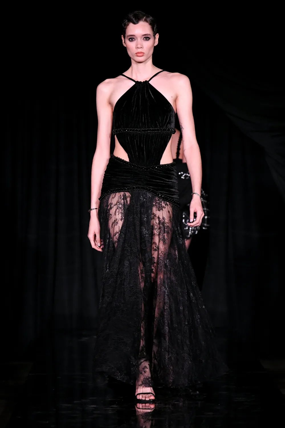 High Neck Velvet and Lace Gown