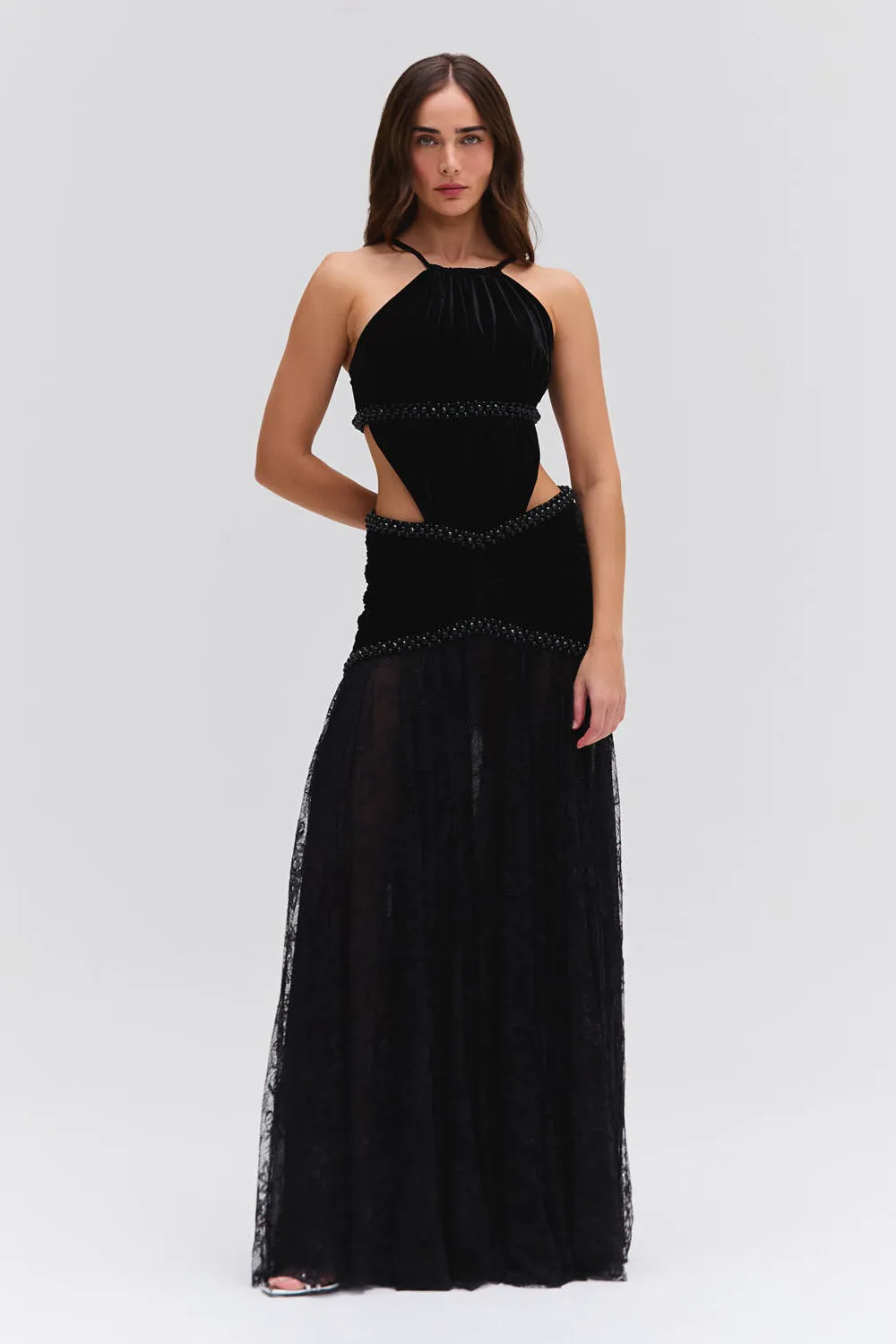 High Neck Velvet and Lace Gown