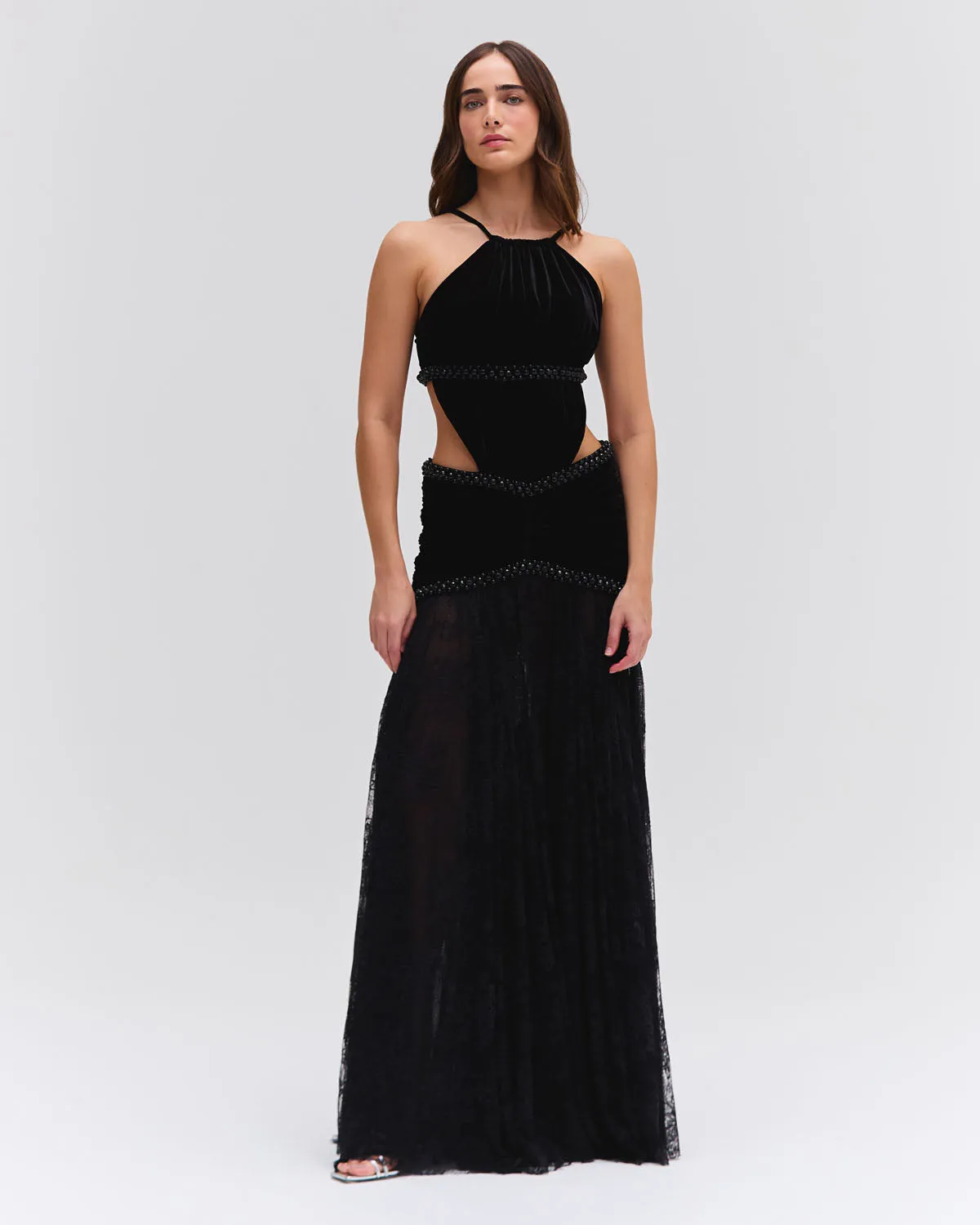High Neck Velvet and Lace Gown