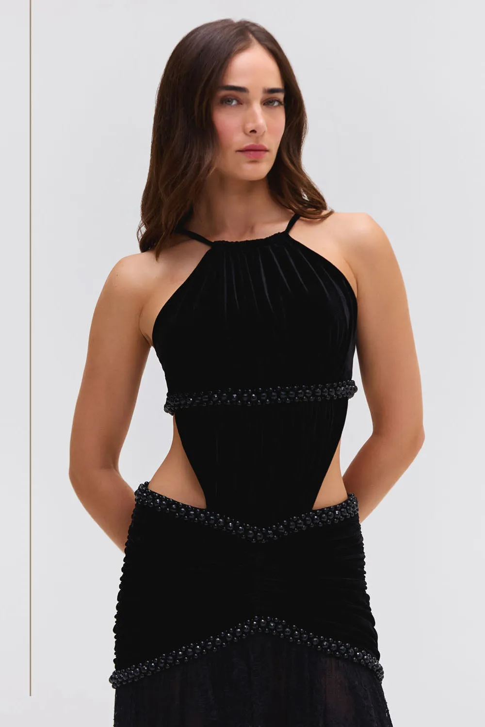 High Neck Velvet and Lace Gown