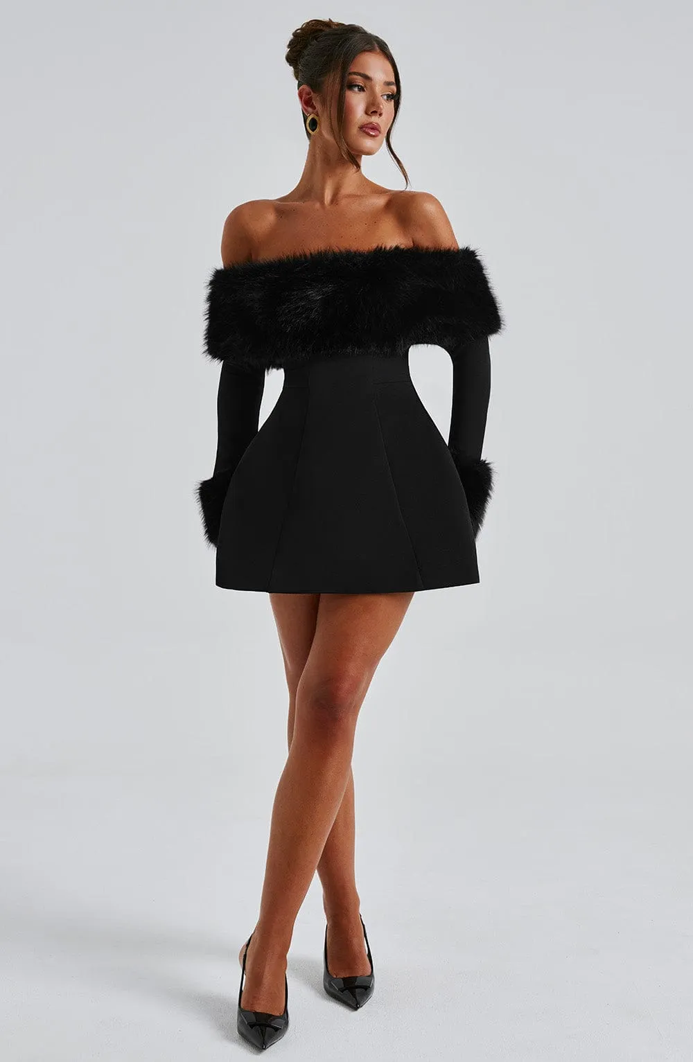 IMARA - OFF-SHOULDER FUR SLEEVE MINI DRESS