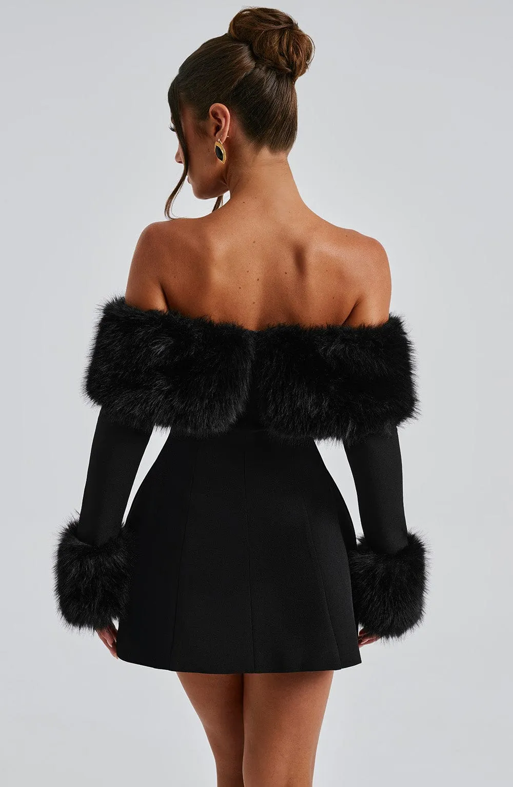 IMARA - OFF-SHOULDER FUR SLEEVE MINI DRESS