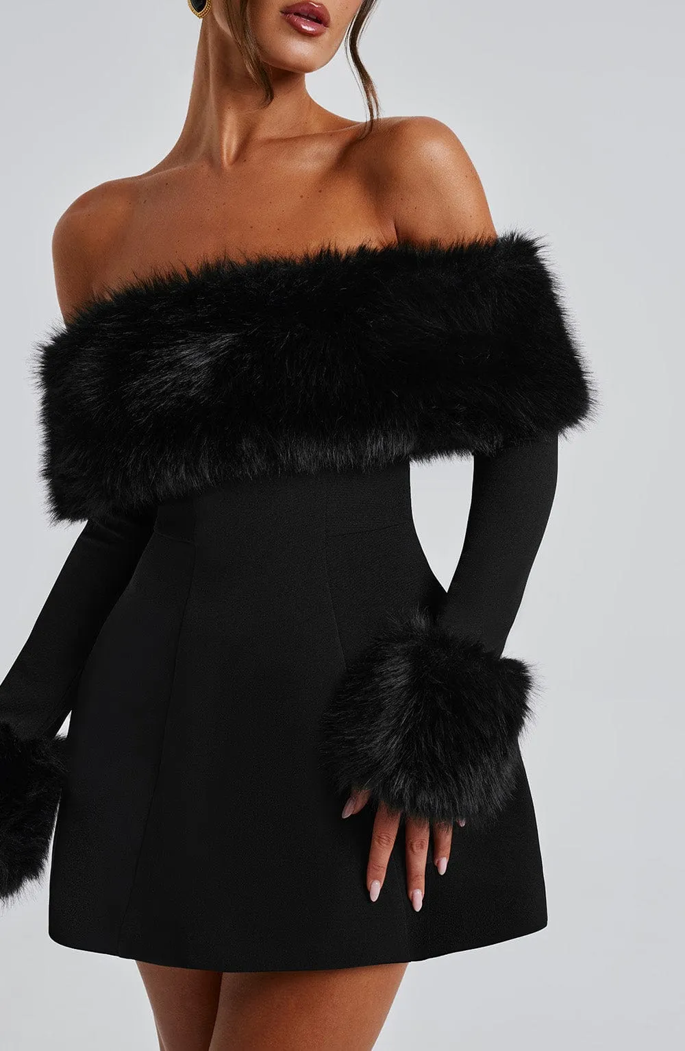 IMARA - OFF-SHOULDER FUR SLEEVE MINI DRESS