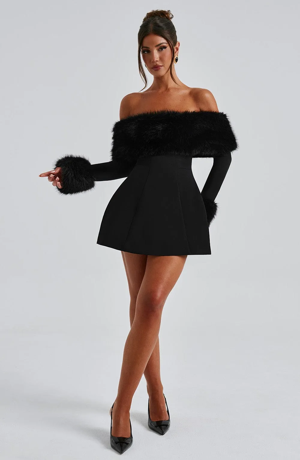 IMARA - OFF-SHOULDER FUR SLEEVE MINI DRESS