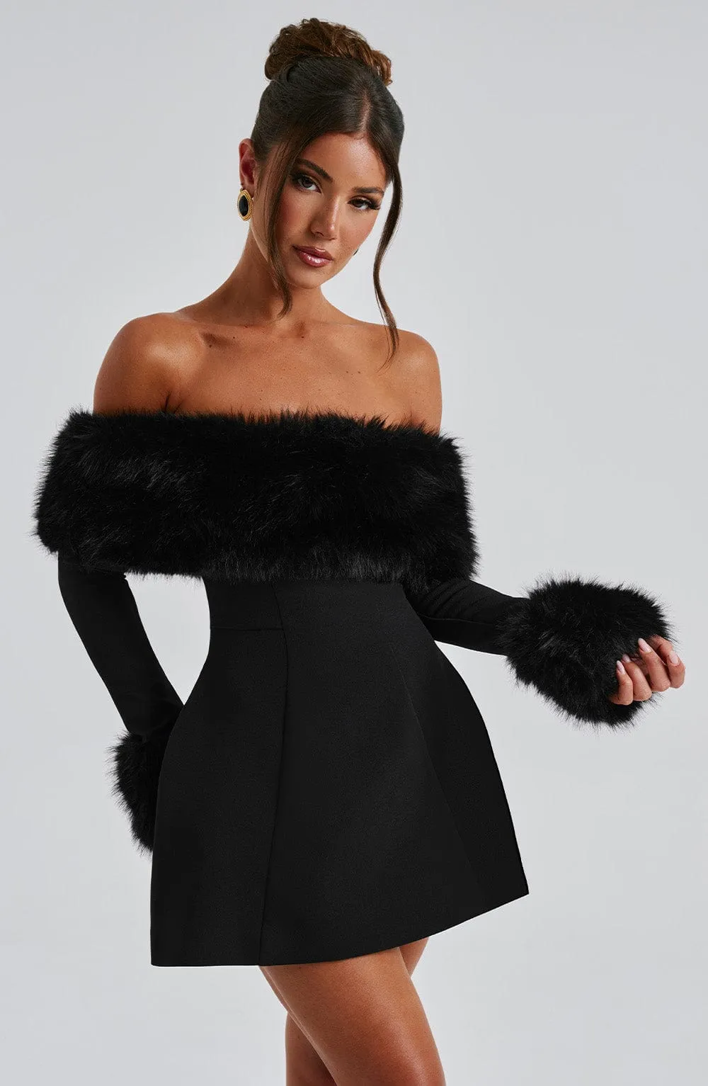 IMARA - OFF-SHOULDER FUR SLEEVE MINI DRESS