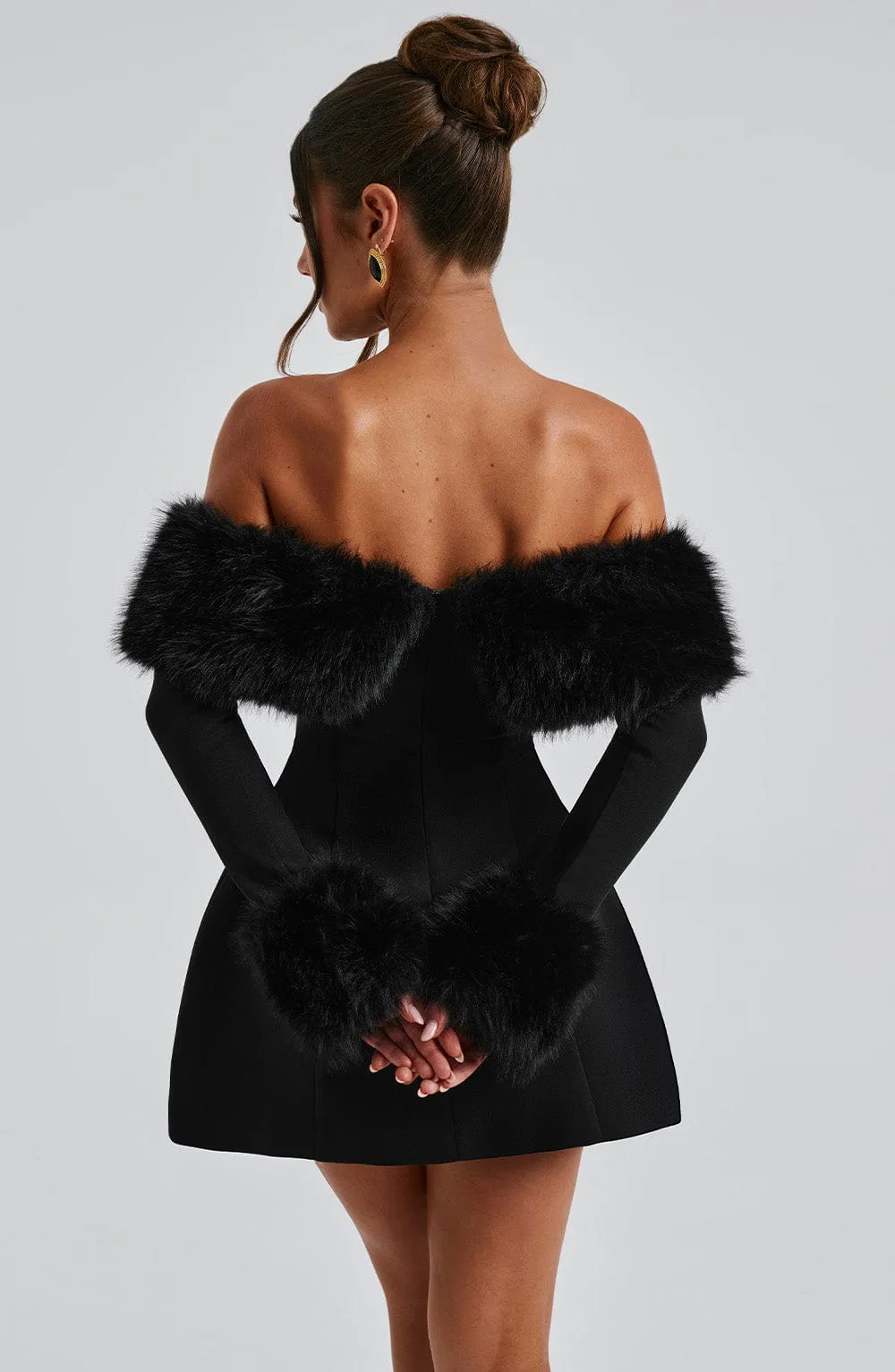 IMARA - OFF-SHOULDER FUR SLEEVE MINI DRESS