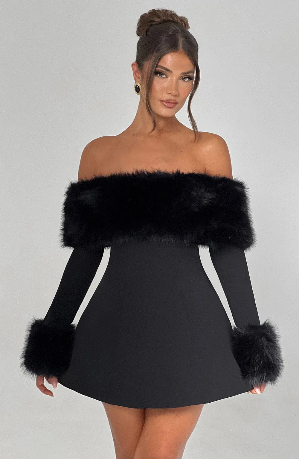 IMARA - OFF-SHOULDER FUR SLEEVE MINI DRESS