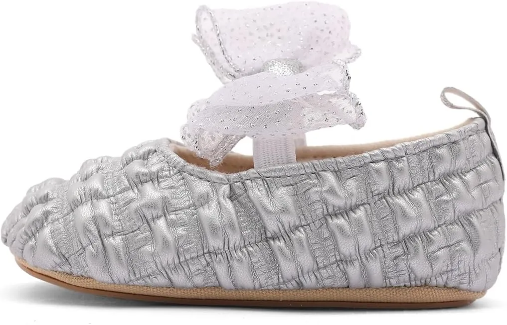 Infant Baby Girls Mary Jane Flats with Crown Headband Soft Sole Non-Slip PU Leather Princess Dress Shoes for Wedding First Walkers Lightweight Sparkly Design