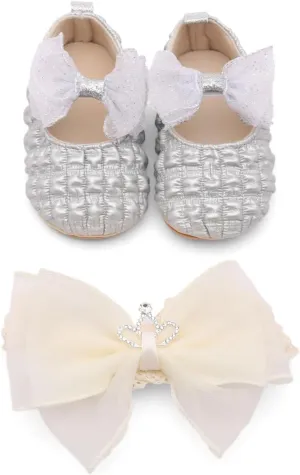 Infant Baby Girls Mary Jane Flats with Crown Headband Soft Sole Non-Slip PU Leather Princess Dress Shoes for Wedding First Walkers Lightweight Sparkly Design