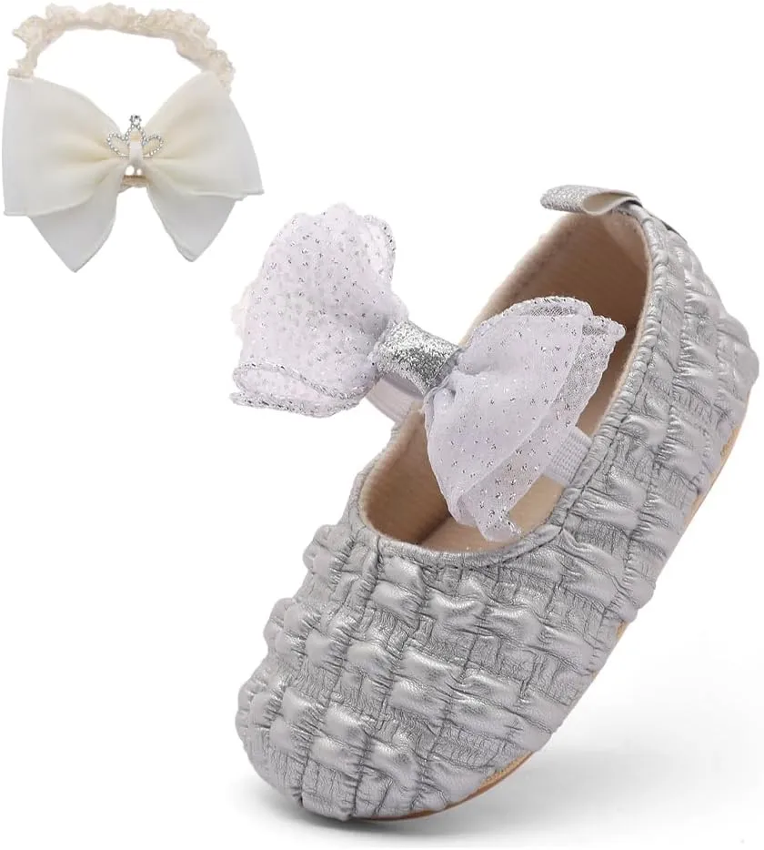 Infant Baby Girls Mary Jane Flats with Crown Headband Soft Sole Non-Slip PU Leather Princess Dress Shoes for Wedding First Walkers Lightweight Sparkly Design