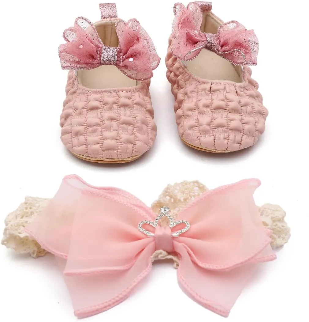 Infant Baby Girls Mary Jane Flats with Crown Headband Soft Sole Non-Slip PU Leather Princess Dress Shoes for Wedding First Walkers Lightweight Sparkly Design
