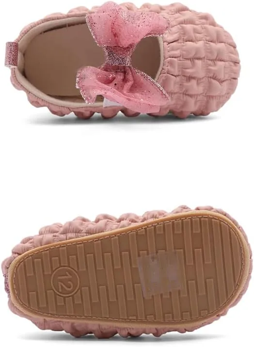Infant Baby Girls Mary Jane Flats with Crown Headband Soft Sole Non-Slip PU Leather Princess Dress Shoes for Wedding First Walkers Lightweight Sparkly Design