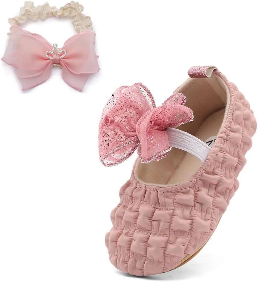 Infant Baby Girls Mary Jane Flats with Crown Headband Soft Sole Non-Slip PU Leather Princess Dress Shoes for Wedding First Walkers Lightweight Sparkly Design