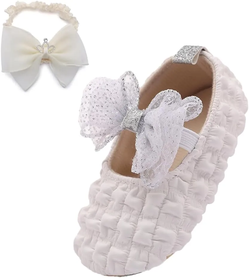 Infant Baby Girls Mary Jane Flats with Crown Headband Soft Sole Non-Slip PU Leather Princess Dress Shoes for Wedding First Walkers Lightweight Sparkly Design