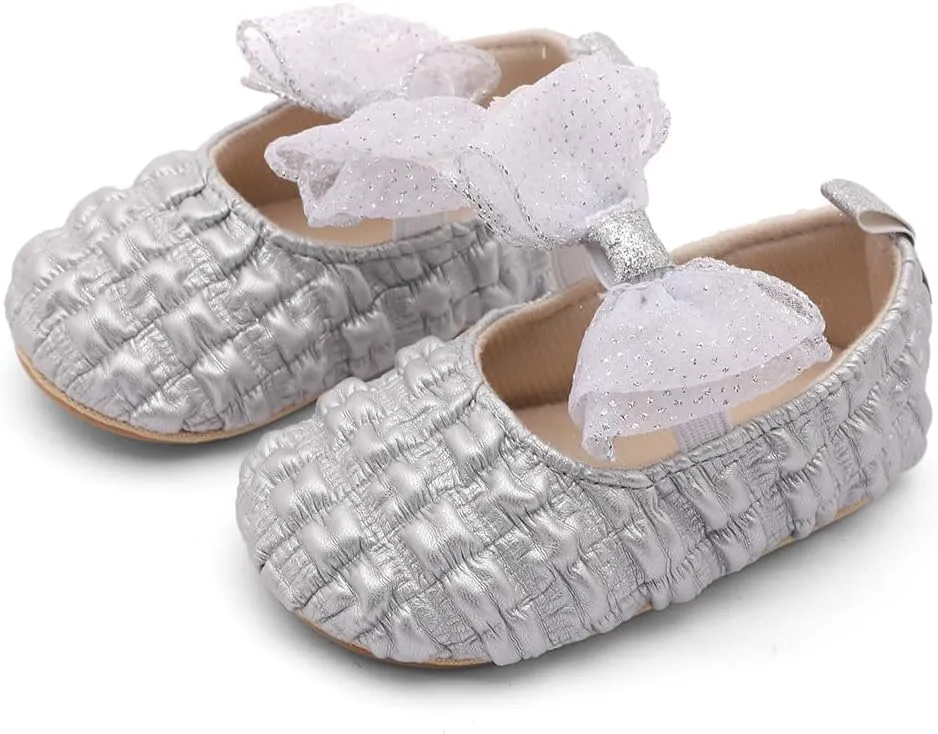 Infant Baby Girls Mary Jane Flats with Crown Headband Soft Sole Non-Slip PU Leather Princess Dress Shoes for Wedding First Walkers Lightweight Sparkly Design