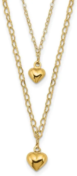 JewelryWeb 14k Gold Double Layer Love Heart Link Polished Hearts 2 In Ext. Necklace 16 Inch 2.4mm Wide Pendant-Necklace for Women